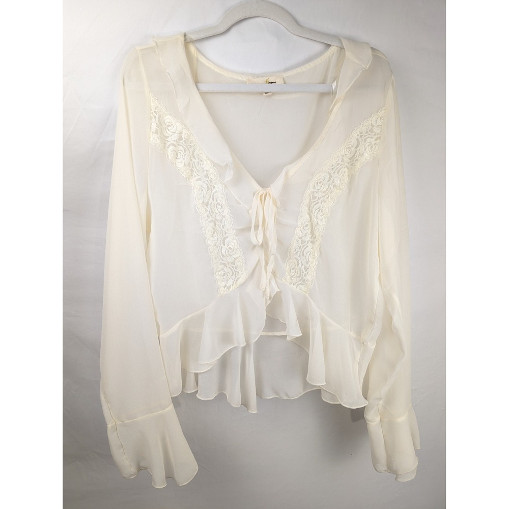 Boho Fairy Lace Ruffle V Neck Peasant Top Size XL Tie Front Romantic Cottagecore